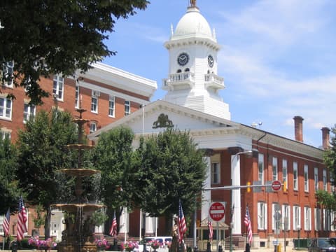 Memorial Fountain and the county courthouse on Memorial Square, downtown Chambersburg